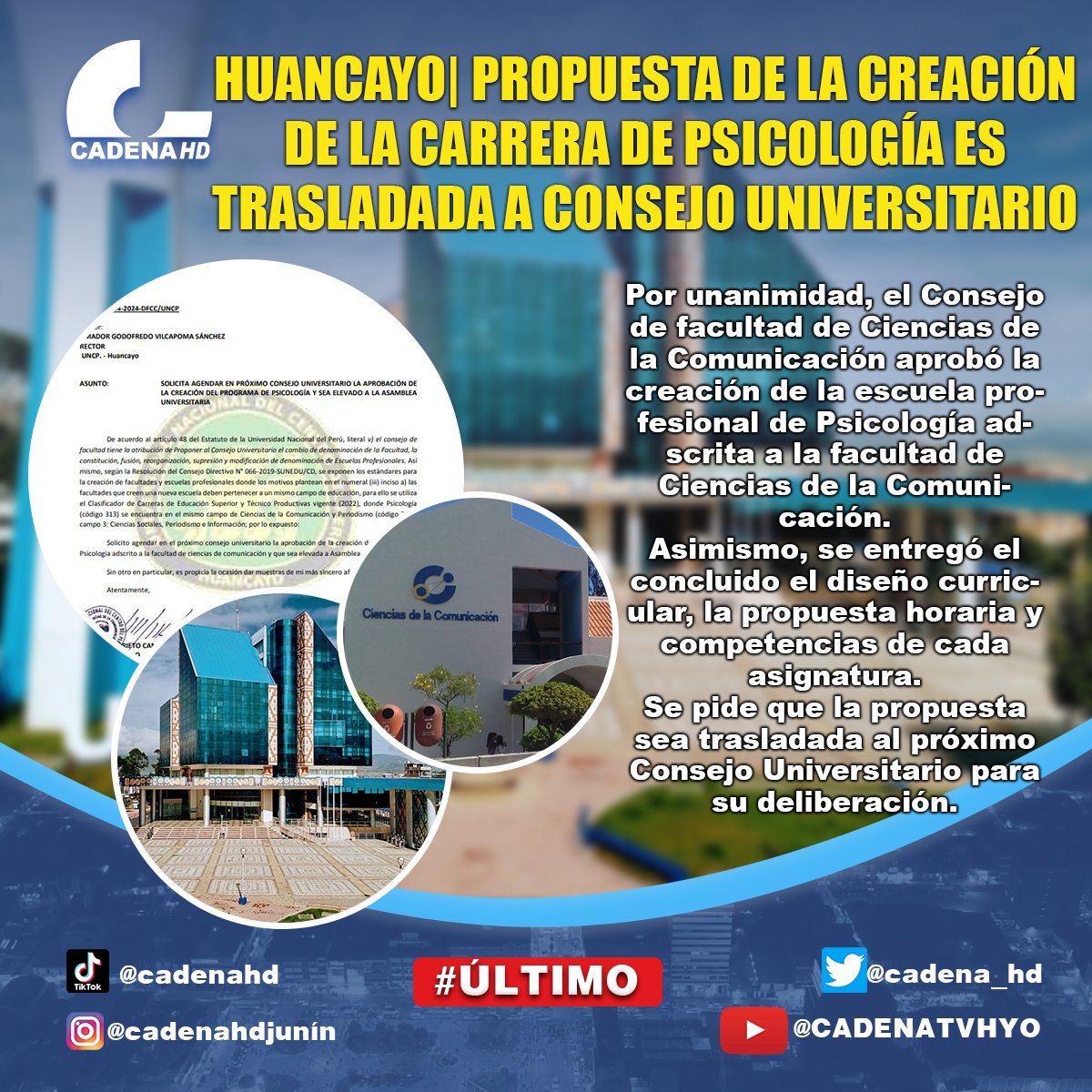 cadena_hd's tweet photo. PROPUESTA DE LA CREACIÓN DE LA CARRERA DE PSICOLOGÍA ES TRASLADADA A CONSEJO UNIVERSITARIO
Por unanimidad, el Consejo de facultad de Ciencias de la Comunicación aprobó la creación de la escuela profesional de Psicología adscrita a la facultad de Ciencias de la Comunicación. https://t.co/EhTp4vQa42