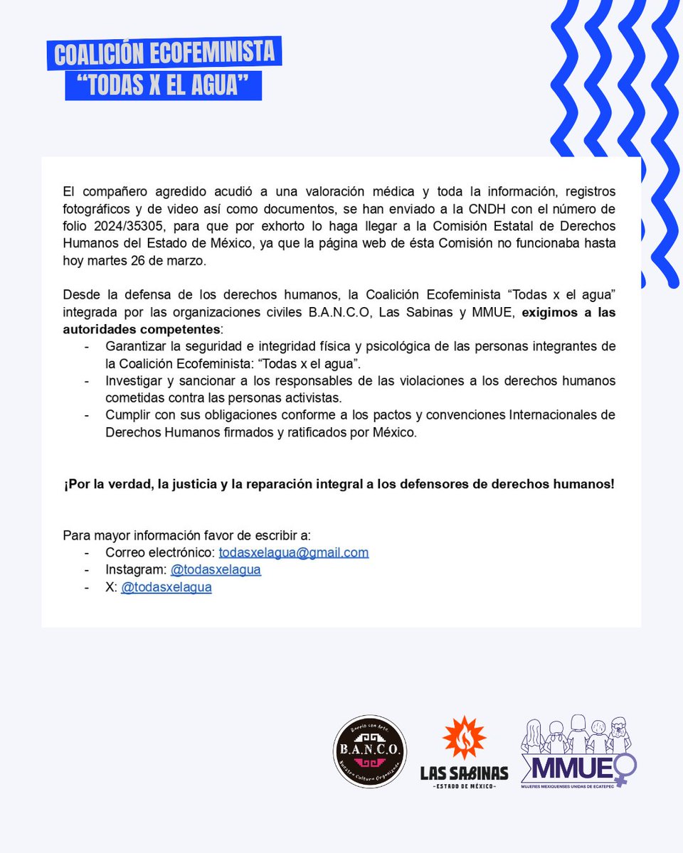 todasxelagua's tweet photo. #BoletínDePrensa 📢 
Después de la represión violenta cometida hacia las personas integrantes de la Coalición Ecofeminista "Todas x el agua" el pasado 22 de marzo de 2024 durante una manifestación pacífica en @Ecatepec, #Edoméx informamos 👇 https://t.co/XQjzz3YR3P