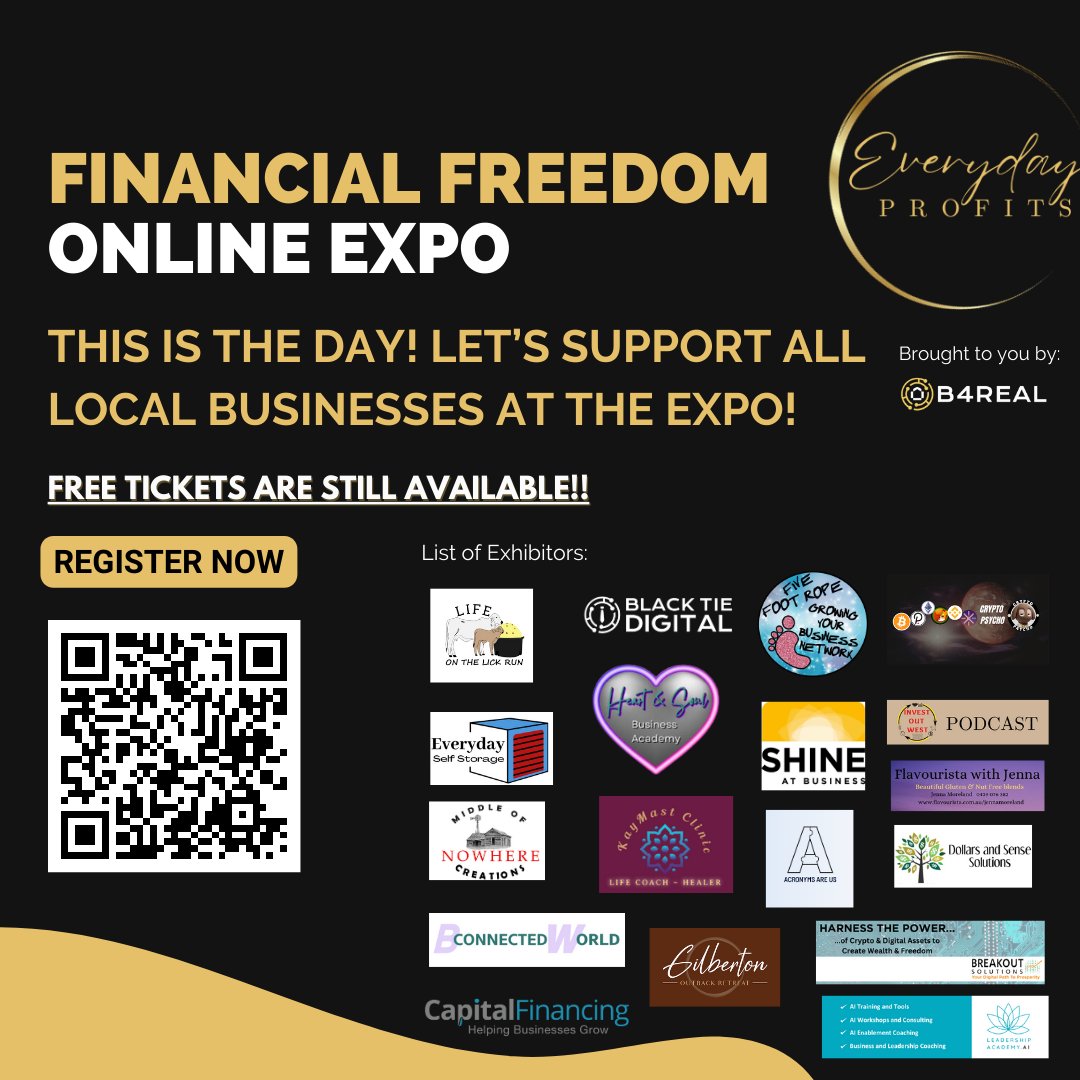 Today's the day for the Financial Freedom Online Expo! 🎉

 Let's rally behind our local businesses and entrepreneurs! 🚀

 FREE TICKETS still up for grabs! 

Scan the QR code and secure your spot now! 💼💻 #FinancialFreedom #OnlineExpo #SupportLocal