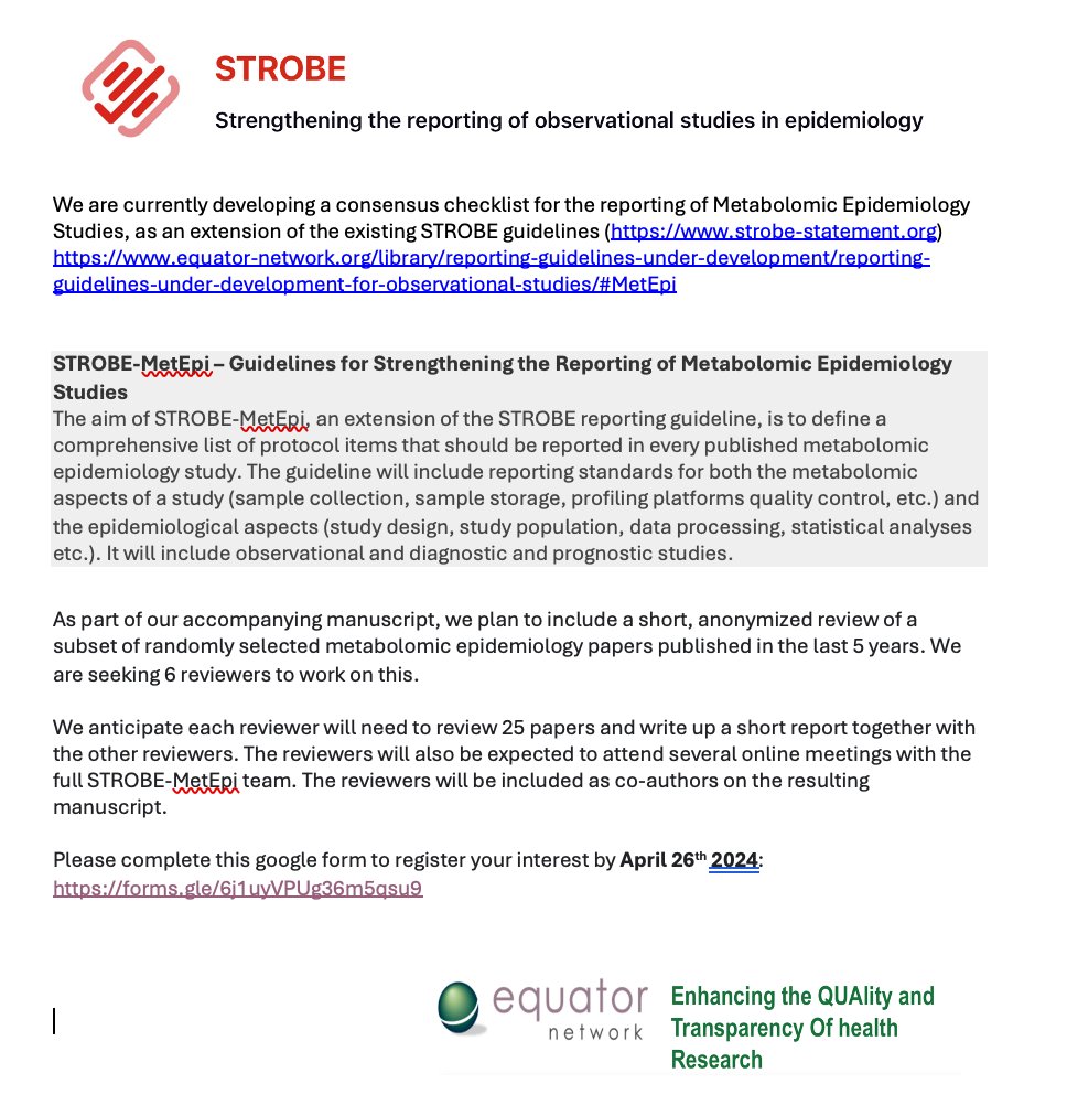Do you work in #MetabolomicEpidemiology? Are you interested in being part of the development of a #STROBE extension consensus checklist for the reporting of Metabolomic Epidemiology Studies. Then check out the opportunity below: forms.gle/6j1uyVPUg36m5q…