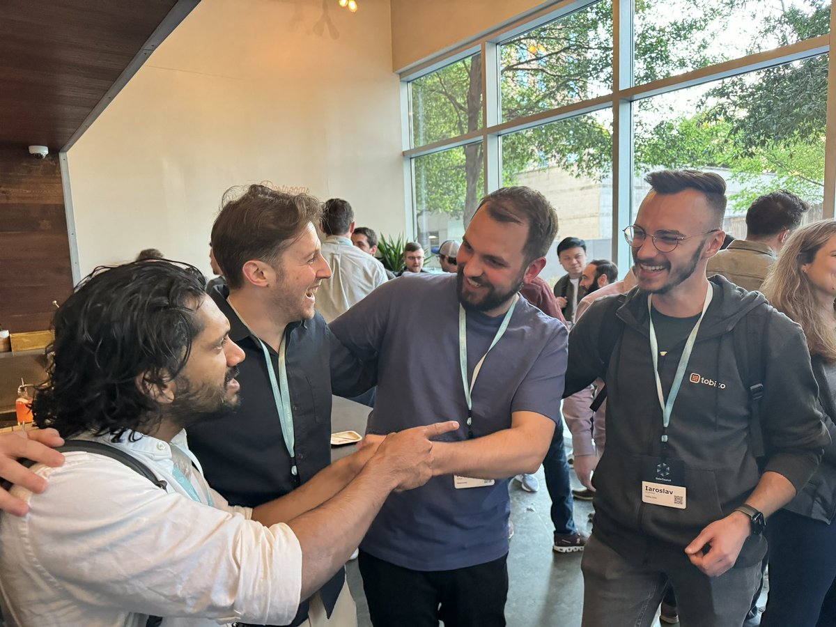 AICouncilConf's tweet photo. This brings us so much joy. Our speakers making new friends 😉 at the #DataCouncil speaker dinner @_abhisivasailam @jtalms @matthelm @izeigerman https://t.co/ElJUP83mBZ