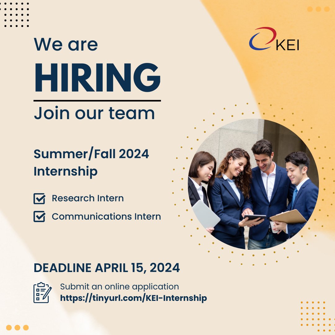 💡 Interested in US-Korea relations and looking for an #internship this summer/fall? KEI is hiring research and communications interns to join the team. 
⏱️ Deadline: April 15, 2024 
🌐 tinyurl.com/KEI-Internship