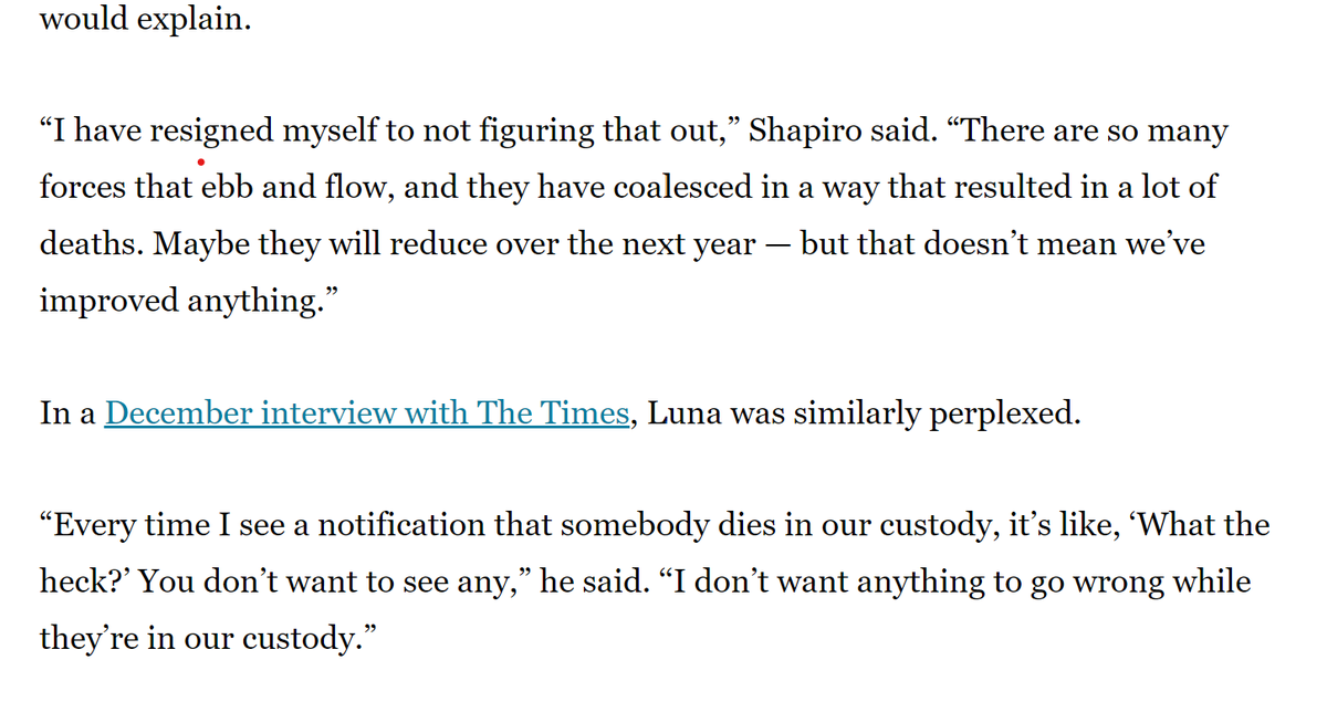 So why HAS there been such a rise in deaths? Honestly, 3500 words later I haven't found anyone with a clear answer. Even @Carceral_ECO's Nick Shapiro - who probs knows more about LA jail deaths than just about anyone - said he has resigned himself to not entirely knowing.