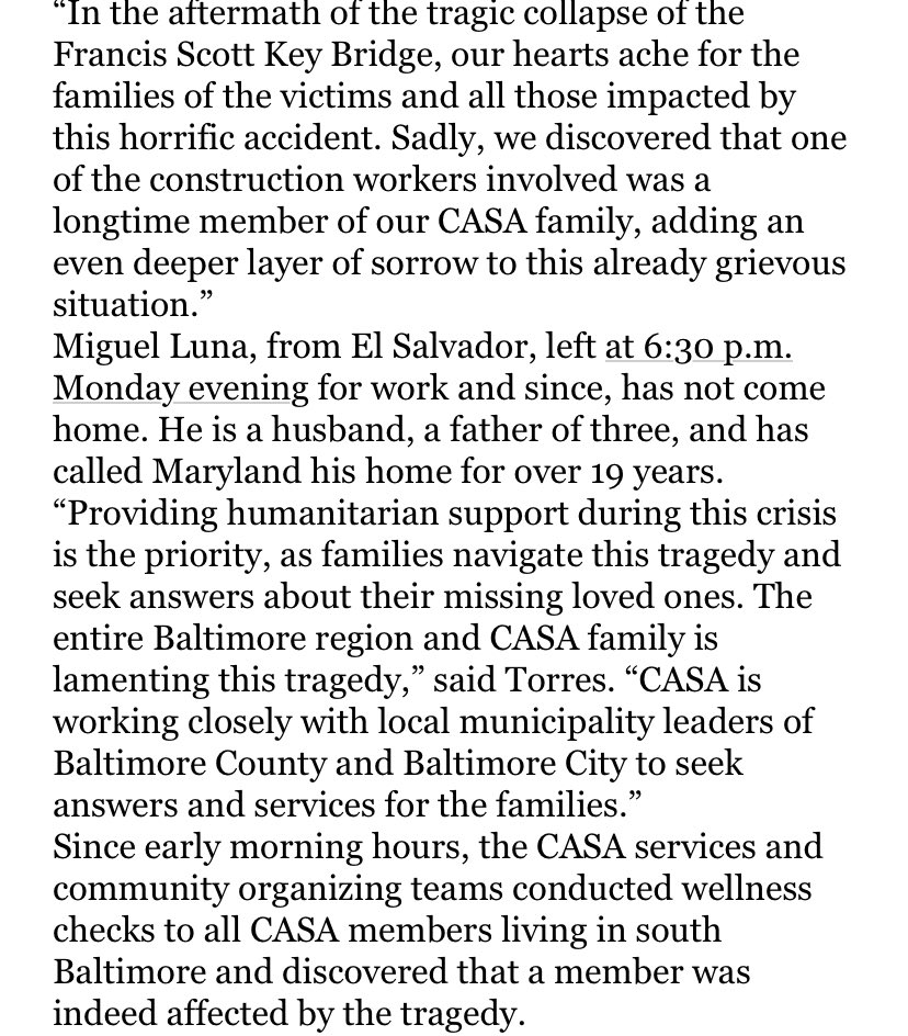 Statement from @CASAforall with information on one of the victims of the Key Bridge collapse. Miguel Luna was a husband, father of 3, and called Maryland home for the last 19 years. He left for work at 6:30PM yesterday evening. He never came home. @wmar2news