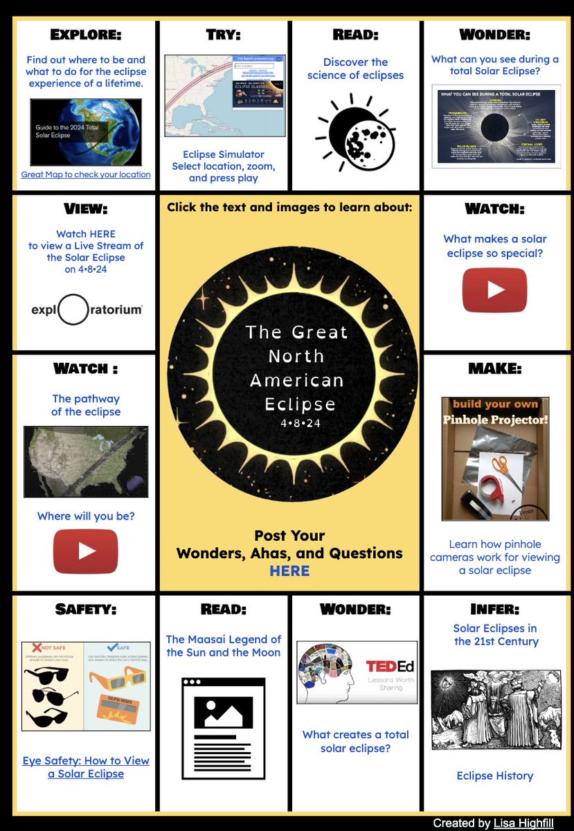 Holly Clark - The AI Infused Classroom (@hollyclarkedu) on Twitter photo Who loves explore boards? You know I do!
Here is a #hyperdoc from <a href="/lhighfill/">Lisa Highfill</a> for the upcoming Eclipse
Just file make a copy and share with your students.
docs.google.com/document/d/1F1… Who loves explore boards? You know I do!
Here is a #hyperdoc from <a href="/lhighfill/">Lisa Highfill</a> for the upcoming Eclipse
Just file make a copy and share with your students.
docs.google.com/document/d/1F1…
