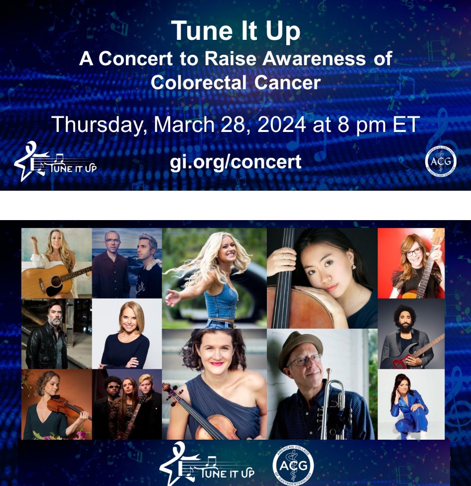 🎶SAVE DATE 🎶 🗓️Thurs, March 28 ⏰8 pm EST 🎺“Tune It Up”🎸 A Concert to Raise Awareness of CRC   Webstream at: gi.org/concert @ColbieCaillat @LisaLoeb @violincase  @kerryjaneellis1 @CincinnatiPops @rufuswainwright @AGreatBigWorld & @AmCollegeGastro Beacons!