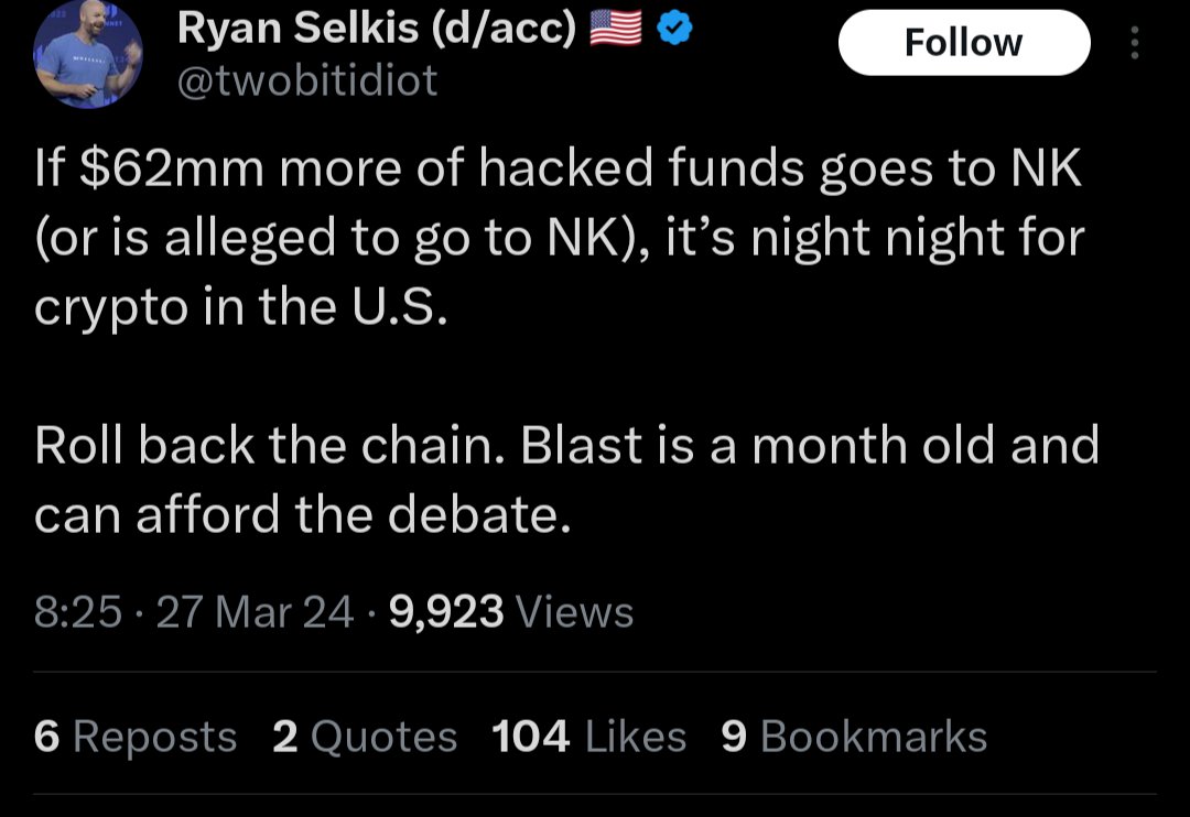 turnkey_copper's tweet image. This is the least #cyberphunk thing I've read from one of those cryptoboosters in awhile.

It's the US's problem that hacked funds are going to North Korea.

Not yours, not mine, not Blast's, not crypto's.