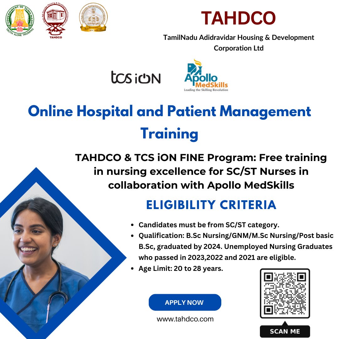Elevate your career with Online Hospital & Patient Management Training! 

Join the TAHDCO & TCS iON FINE Program for FREE, designed exclusively for SC/ST Nurses in collaboration with Apollo MedSkills. 

Apply now : bit.ly/49z1poU

 #NursingFuture #tahdco #tcsion #apollo