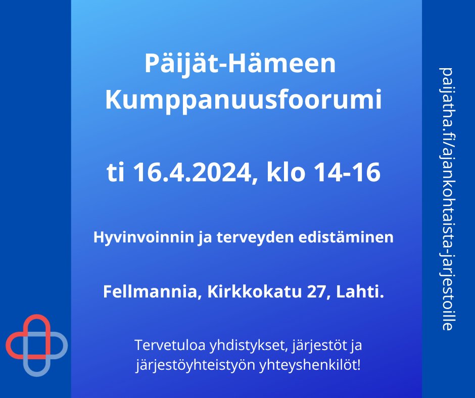 #Kumppanuusfoorumi tulee taas! Ilmoittautumisaikaa jatkettu 8.4. asti. ➡️paijatha.fi/tapahtuma/kump… #päijäthämeenhyvinvointialue #yhdistykset #järjestöyhteistyö