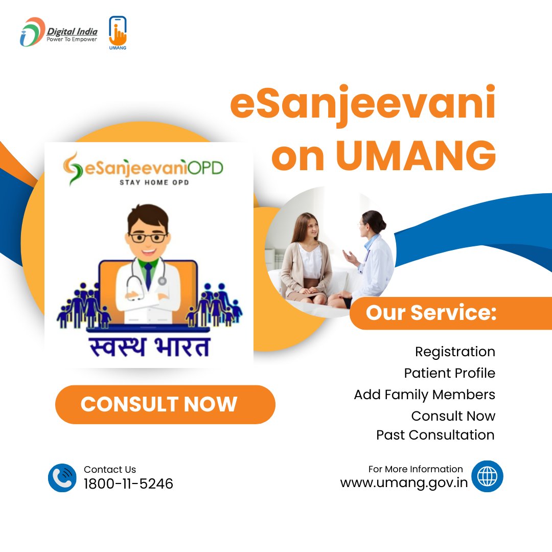 Register for eSanjeevani through UMANG app and unlock a plethora of services. From accessing patient profiles to adding family members, consulting with health care professionals, and reviewing past consultations. Discover more by downloading the UMANG app 📲today.