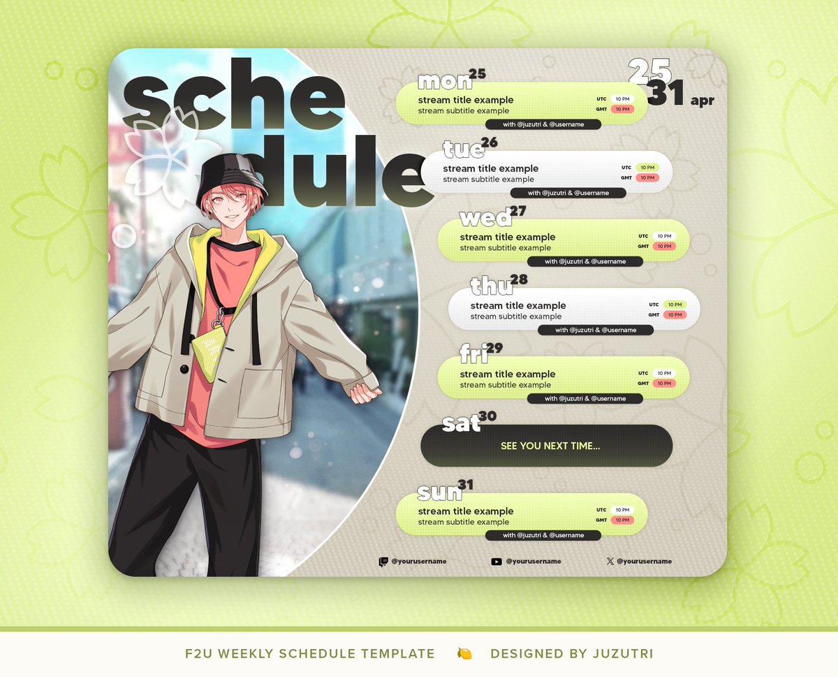 ˗ˏˋ ꒰ F2U schedule template🍋 ꒱ ˎˊ-   

i've been watching lots of streams lately (◍•ᴗ•◍)
hope this works for most streamers & everyone's different aesthetics💛

♡ + ↻ appreciated  - #VTuberAssets #FreeToUse #F2U #ENVtuber #Vtuber 

download link to my ko-fi is below ↓