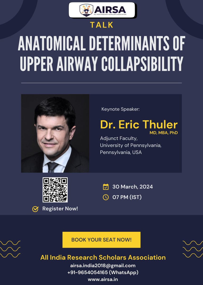 Exciting News! Join us for an upcoming AIRSA Scientific Talk featuring Dr. Eric Thuler, Adjunct Professor at the University of Pennsylvania, USA. Don't miss this opportunity to delve into this intriguing topic 'Anatomical Determinants of Upper Airway Collapsibility.'