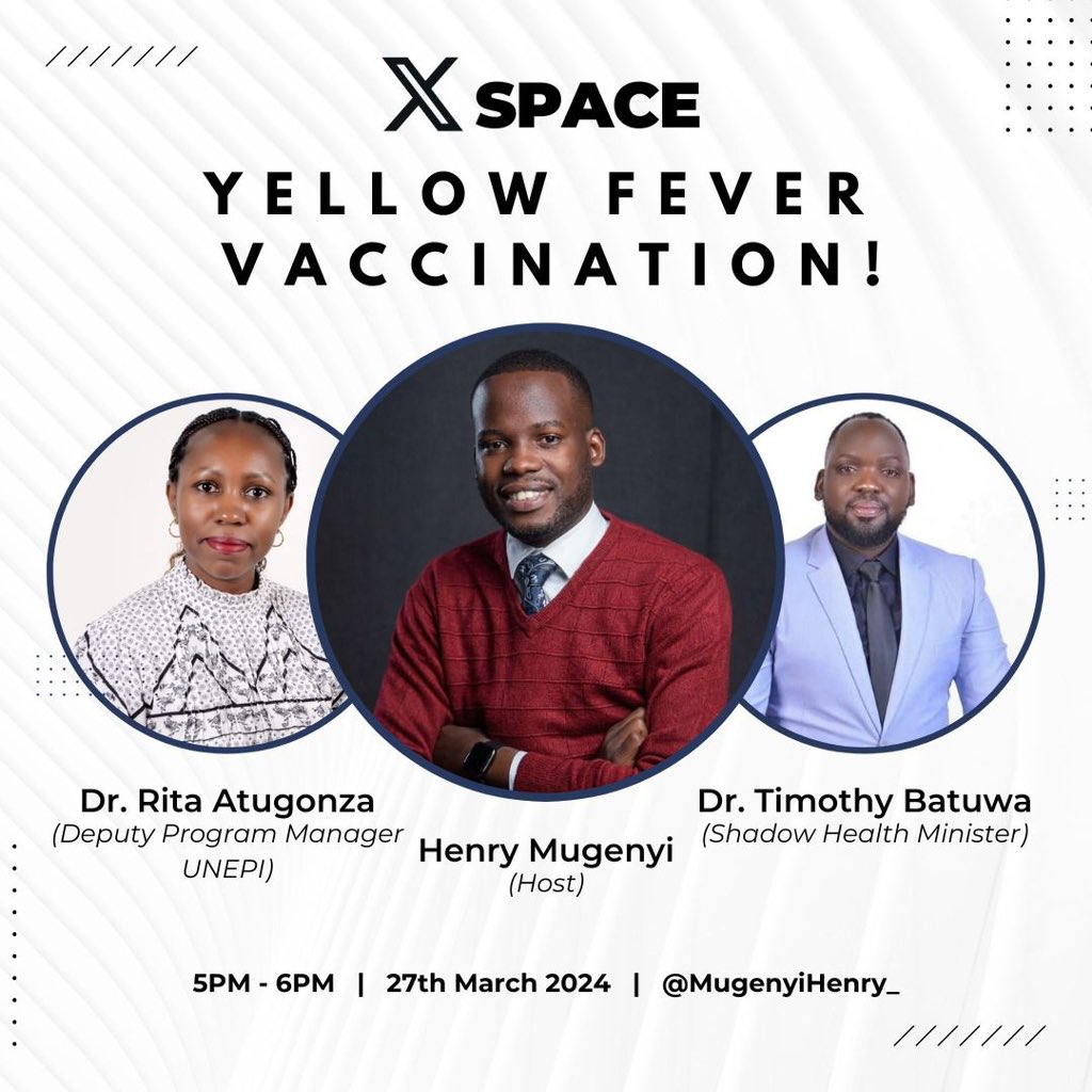 Join the Twitter space hosted by @MugenyiHenry_ today at 5:00pm where Dr. Rita Atugonza, Deputy Program Manager will provide an overview and response to all issues concerning the Yellow Fever Vaccination campaign. Link: twitter.com/i/spaces/1ZkJz… #YellowFeverFreeUG