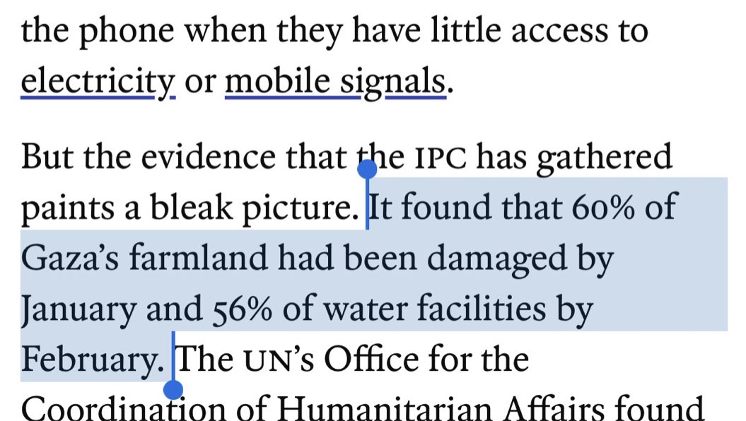 AssalRad's tweet image. An entire Economist article on famine in Gaza doesn’t say the word “Israel” once. Not even when describing damage to farmland and water facilities or severely restricted aid deliveries.

Saying *who* is destroying the farmland and restricting aid seems like basic info to include.