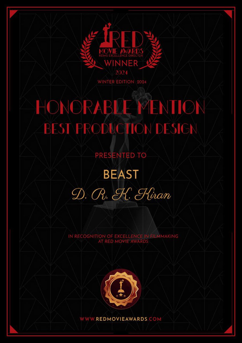 Got another Recognition from #redmovieawards  #winteredition  for #Beast #bestartdirection, thanks so much 😍🙏