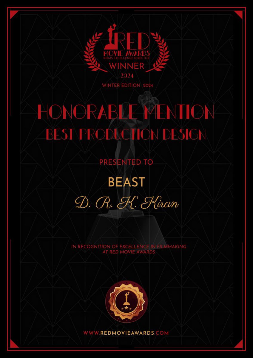KiranDrk's tweet image. Got another Recognition from #redmovieawards  #winteredition  for #Beast #bestartdirection, thanks so much 😍🙏