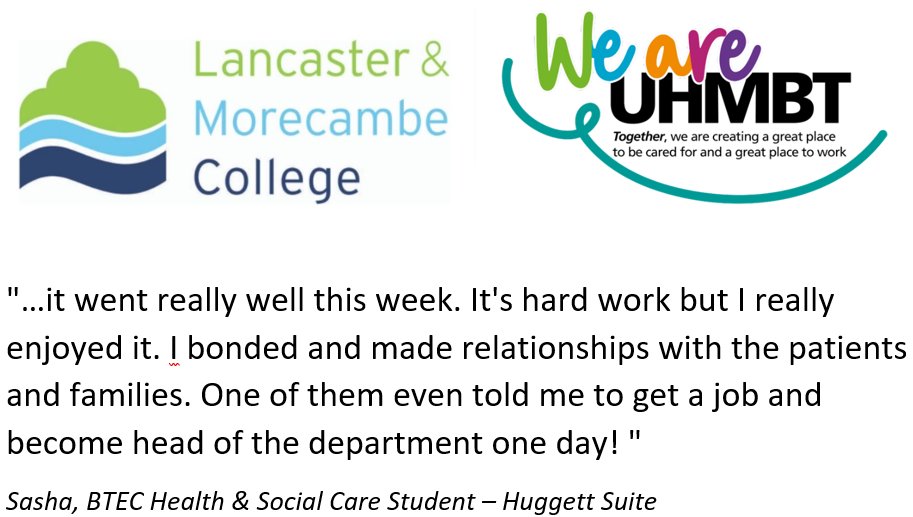 Sasha is a BTEC Health & Social Care student from @LMCollege and she has just completed her placement with @UHMBT on the @HuggettSuiteRLI. Great to see her learning the fundamentals of patient centred care. Thanks, as always, to colleagues who support these young learners