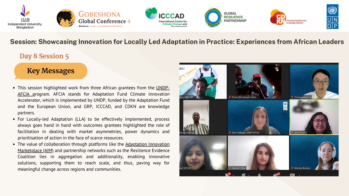 Key messages from the 5th session of the 8th day of the #GGC4 Session: 'Showcasing Innovation for Locally Led Adaptation in Practice: Experiences from African Leaders' Click the link below to learn more: youtube.com/watch?v=TXwge7… Organizer: UNDP, ICCCAD, GRP #Gobeshona