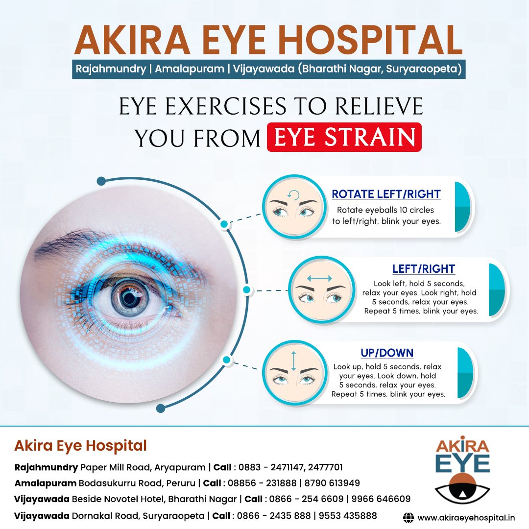 👀 Strengthen your vision with these simple yet effective eye exercises! 💪 Whether you're staring at screens all day or just want to keep your eyes in top shape, these exercises from Akira Eye Hospital are a game-changer. 

#akiraeyehospital #vijayawada #Rajahmundry #amalapuram