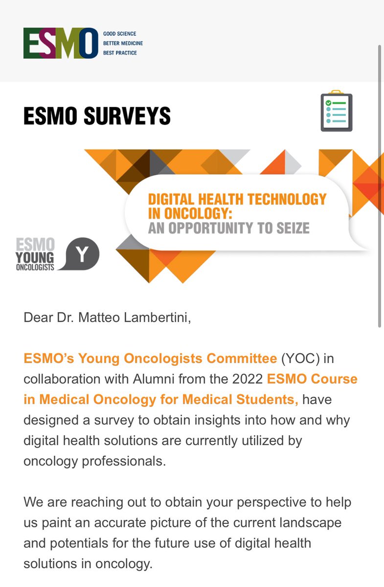 Dear colleagues & @myESMO members, please help us to understand more about current role & future potential of #DigitalHealth technology in #oncology Link to our #ESMOYOC survey: esmo.eu.qualtrics.com/jfe/form/SV_cO… @OncoAlert @PabloMando @AndresC27622123 @E_de_Azambuja @franclongo
