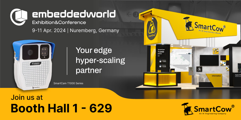 Smartcow_ai's tweet photo. We are thrilled to participate in #EW24 again this year during April 9-11. Come visit at booth 1-629 to discover new SmartCam T1000 Series, embedded system based on #NVIDIA Jetson #AGXOrin &amp; #OrinNX, and newly updated of #edgedevices management platform #FleetTrackr. https://t.co/tbhDxwVSr7