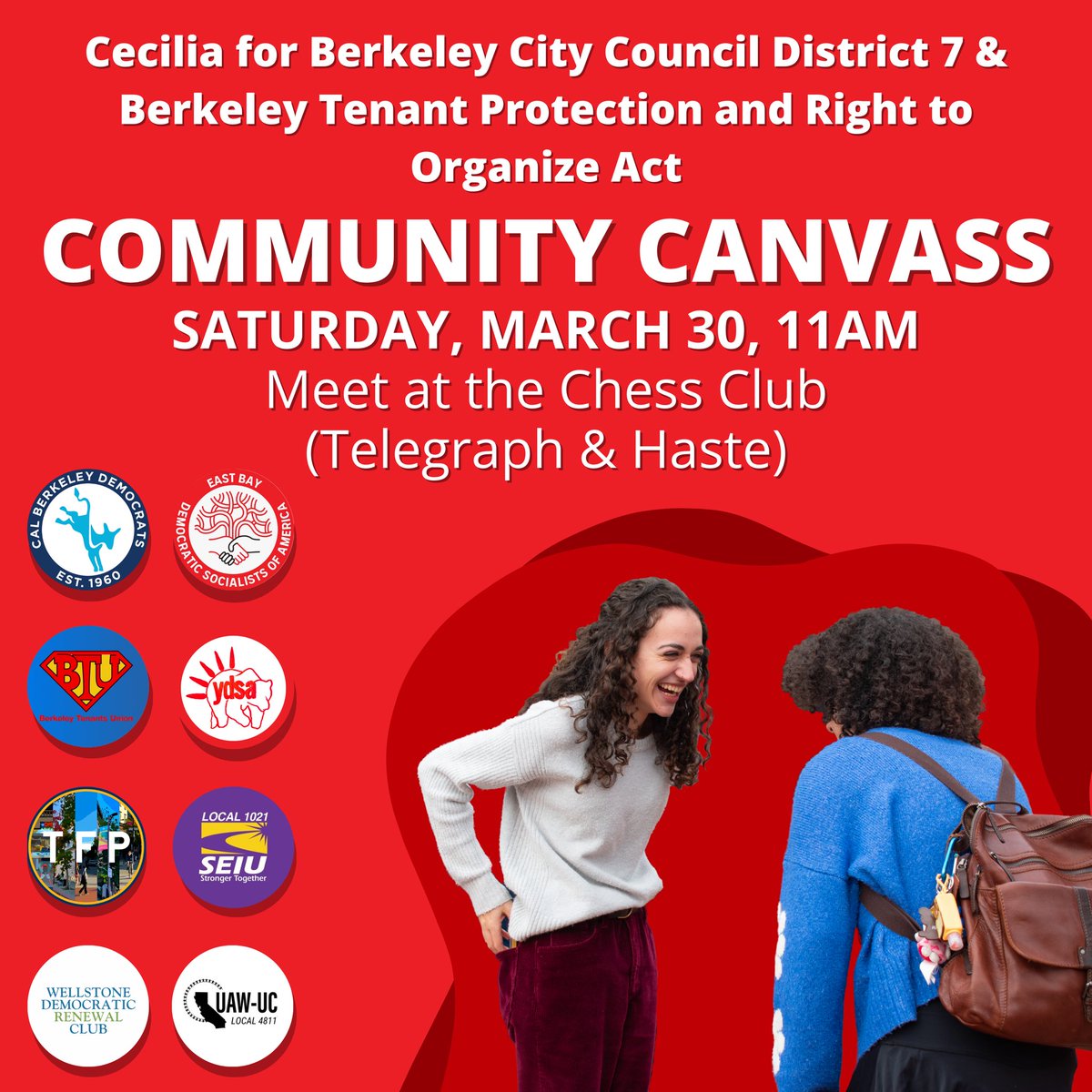 Come canvass with us this Saturday! Free pizza as always, we'll be meeting at 11 am at the Chess Club (the corner of Telegraph and Haste). See you there! 🍕🌟