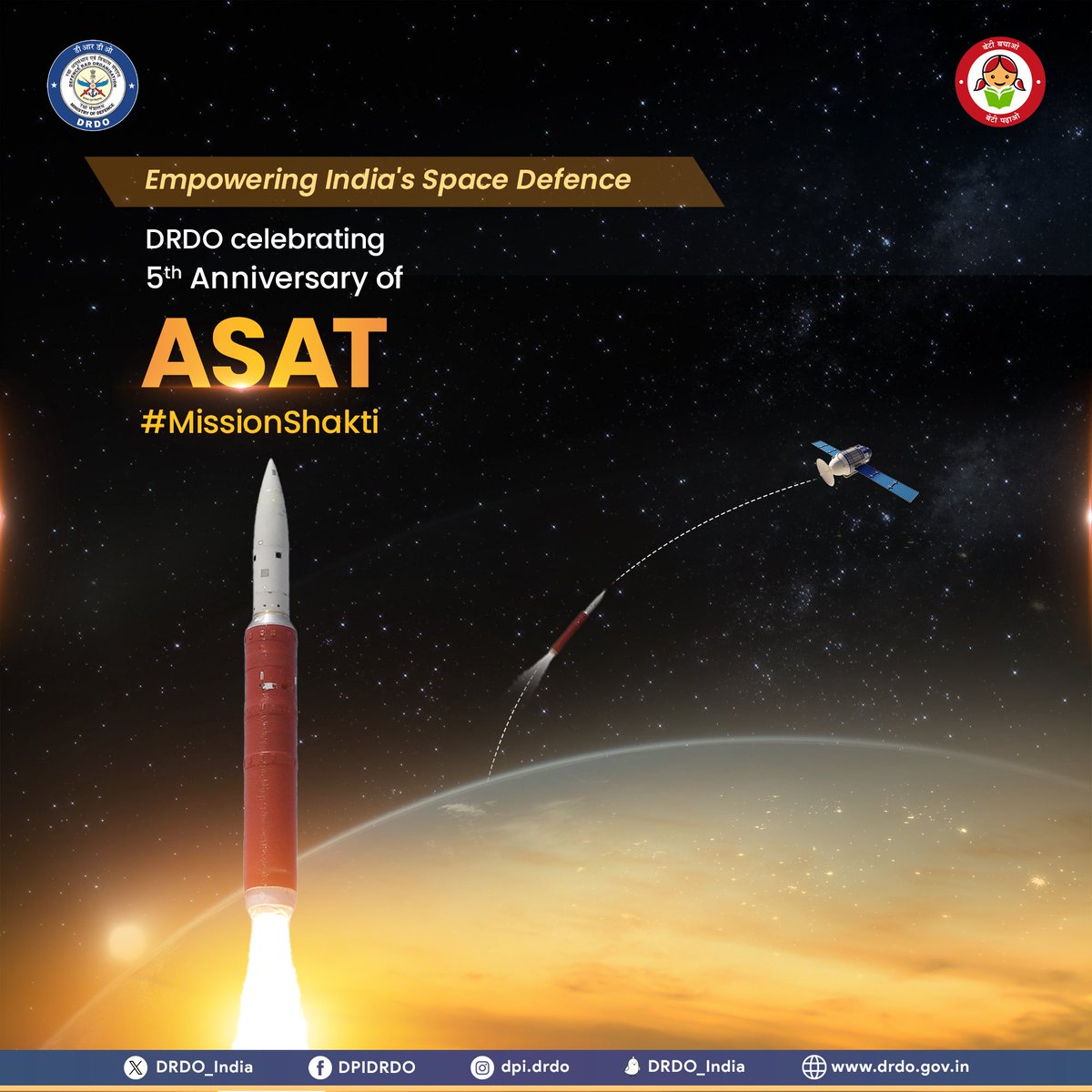 Celebrating 5th anniversary of #MissionShakti! ASAT showcased our ability to protect space assets in the 4th dimension of warfare. This mission marked a leap in space technology & acted as deterrence against threats.  @PMOIndia @DefenceMinIndia @SpokespersonMoD