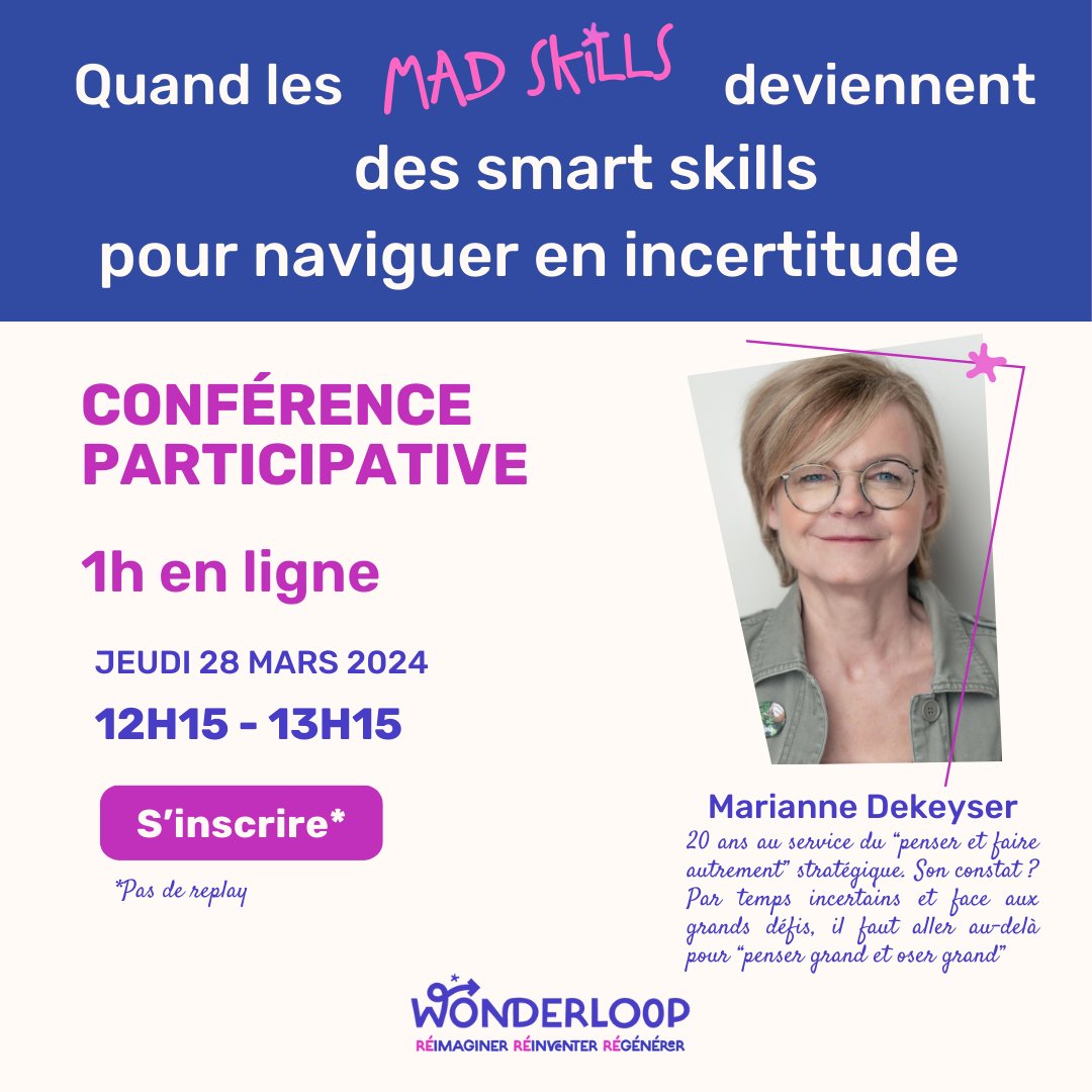 WonderloopCo's tweet image. #NextSkills Quelles compétences pour 2030 ? titre récemment un article des EchosStart bit.ly/3TU77ez Pourquoi les #madskills devraient être en n°1 de la liste des EchosStart ? Réponse jeudi 28 mars en ligne Pour embarquer au pays des skills 👉bit.ly/3TAavLp
