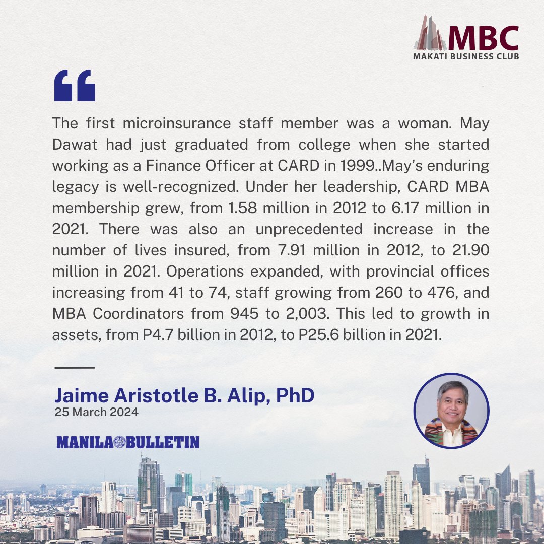 MBC Trustee Dr. Aris Alip talks about the legacy of May Diwa -- the first microfinance staff member and the milestones of CARD MBA under her leadership. Read more on Manila Bulletin: tinyurl.com/5n6pn4u8 #MBC #Trustee #women #microfinance #finance