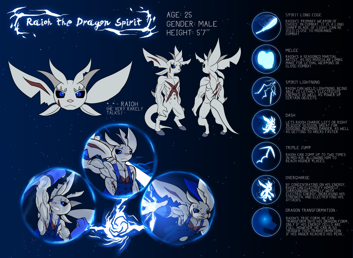 Raioh ref sheet updated! 

Decided to remove his Spirit Gun and replace it with an ability called Overcharge (which he already has on the other ref sheet, but decided to make it a unique ability on its own). ⚡️  

Also updated a few of the icon's appearances too. 😉