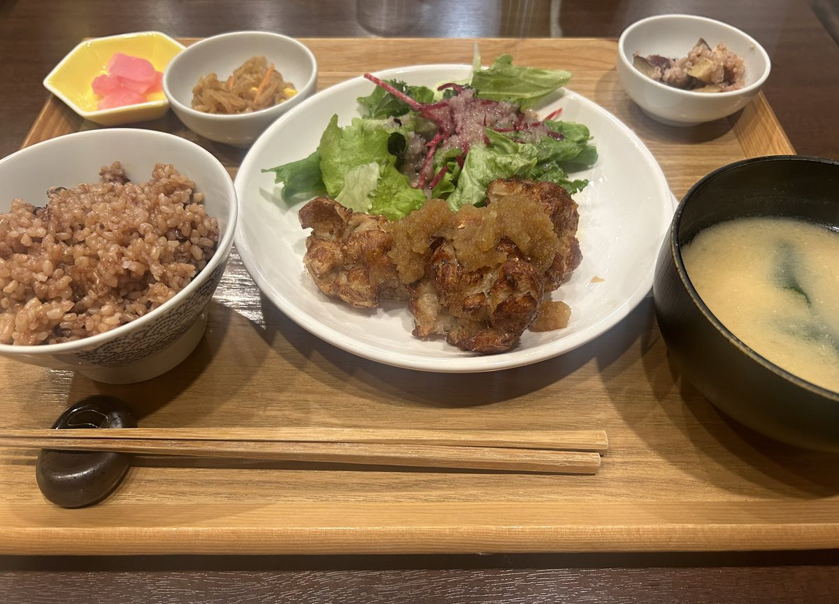 #Karaage, or deep #friedchicken, is very popular among non-#Japanese as well. This is the Karaage set meal at a #vegan restaurant. The texture and taste were so good that I couldn't believe it wasn't chicken!😳🍗✨#japan #tokyo #japanesefood #veganfood #vegetarian #vegitarianfood