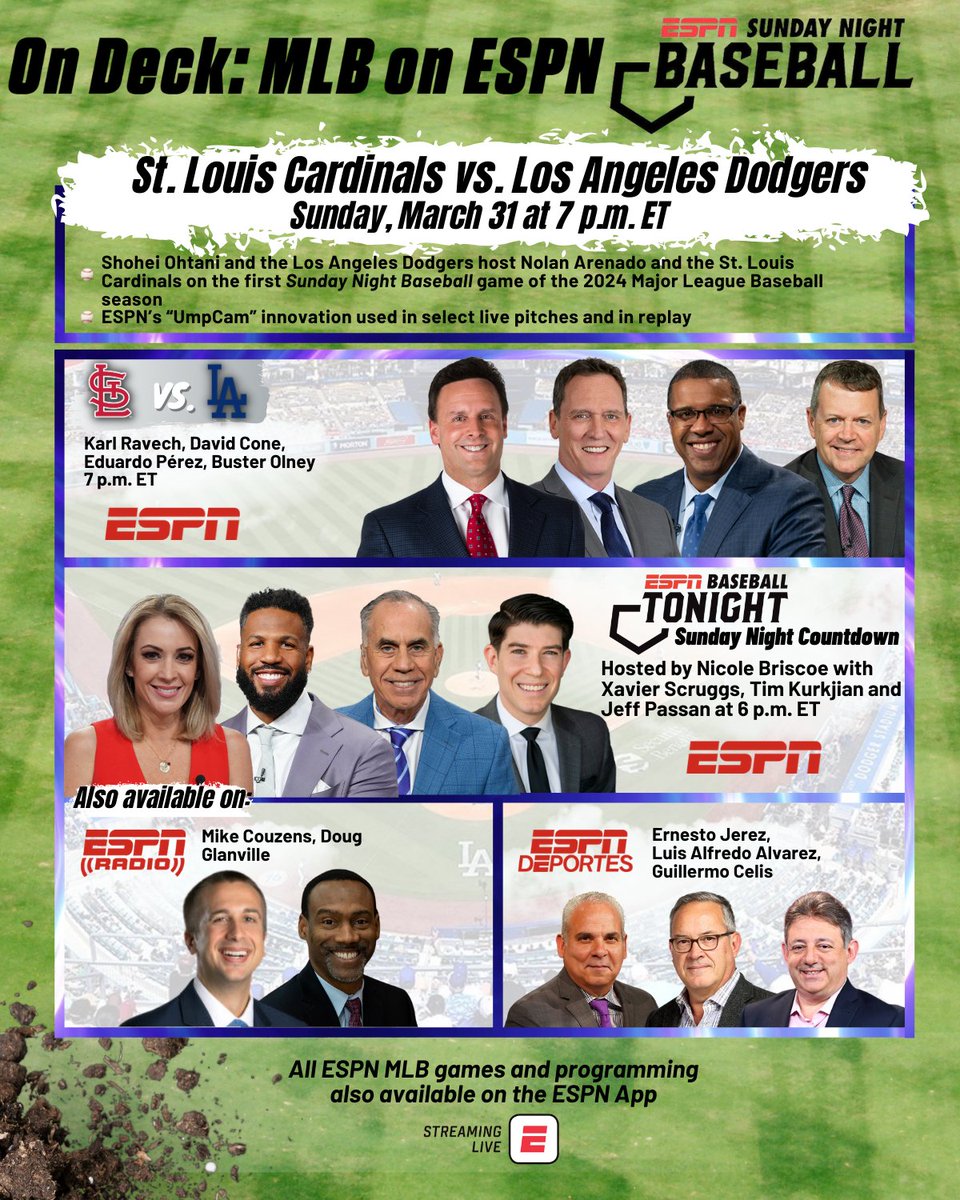 #MLB Opening Week coverage continues this weekend with the first #SundayNightBaseball of the season ⚾️ Sunday | 7p ET | #Cardinals vs #Dodgers 🎙 @karlravechespn, @dcone36, @PerezEd, @Buster_ESPN