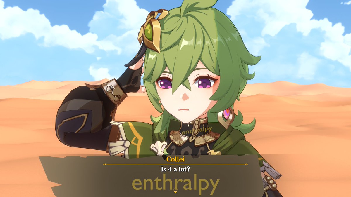 Enthralpy's tweet photo. Collei asks a vague question.  Cyno and Dehya have very unique answers. https://t.co/OZ1hEocdTU