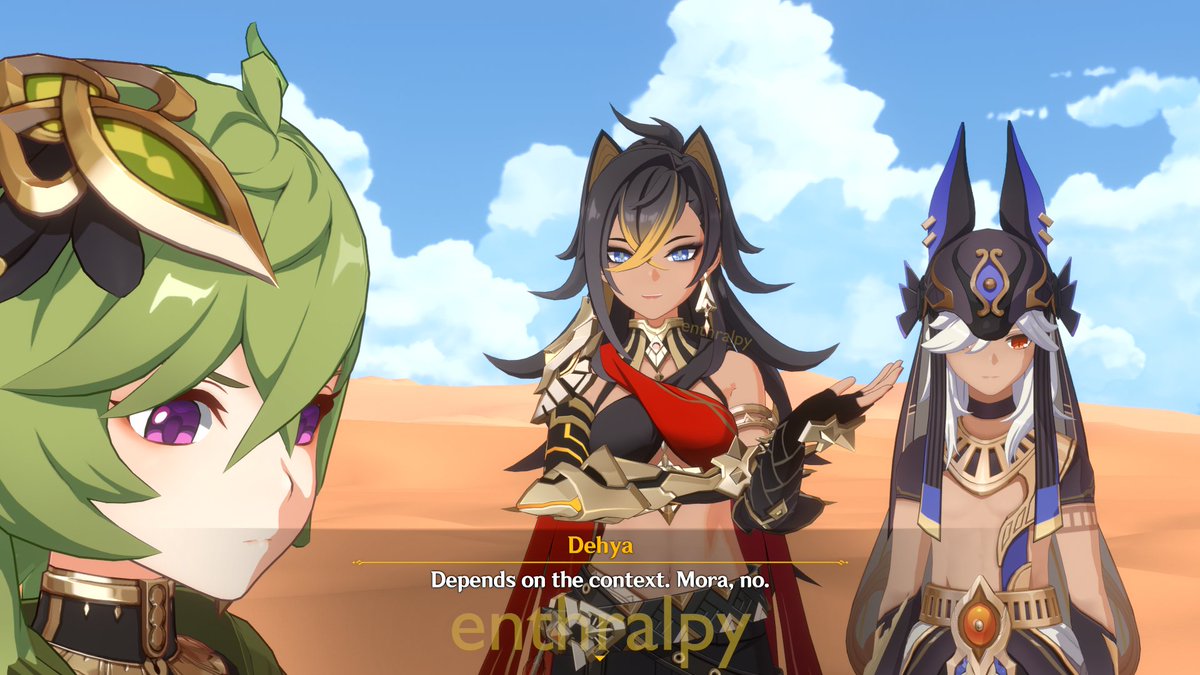 Enthralpy's tweet photo. Collei asks a vague question.  Cyno and Dehya have very unique answers. https://t.co/OZ1hEocdTU
