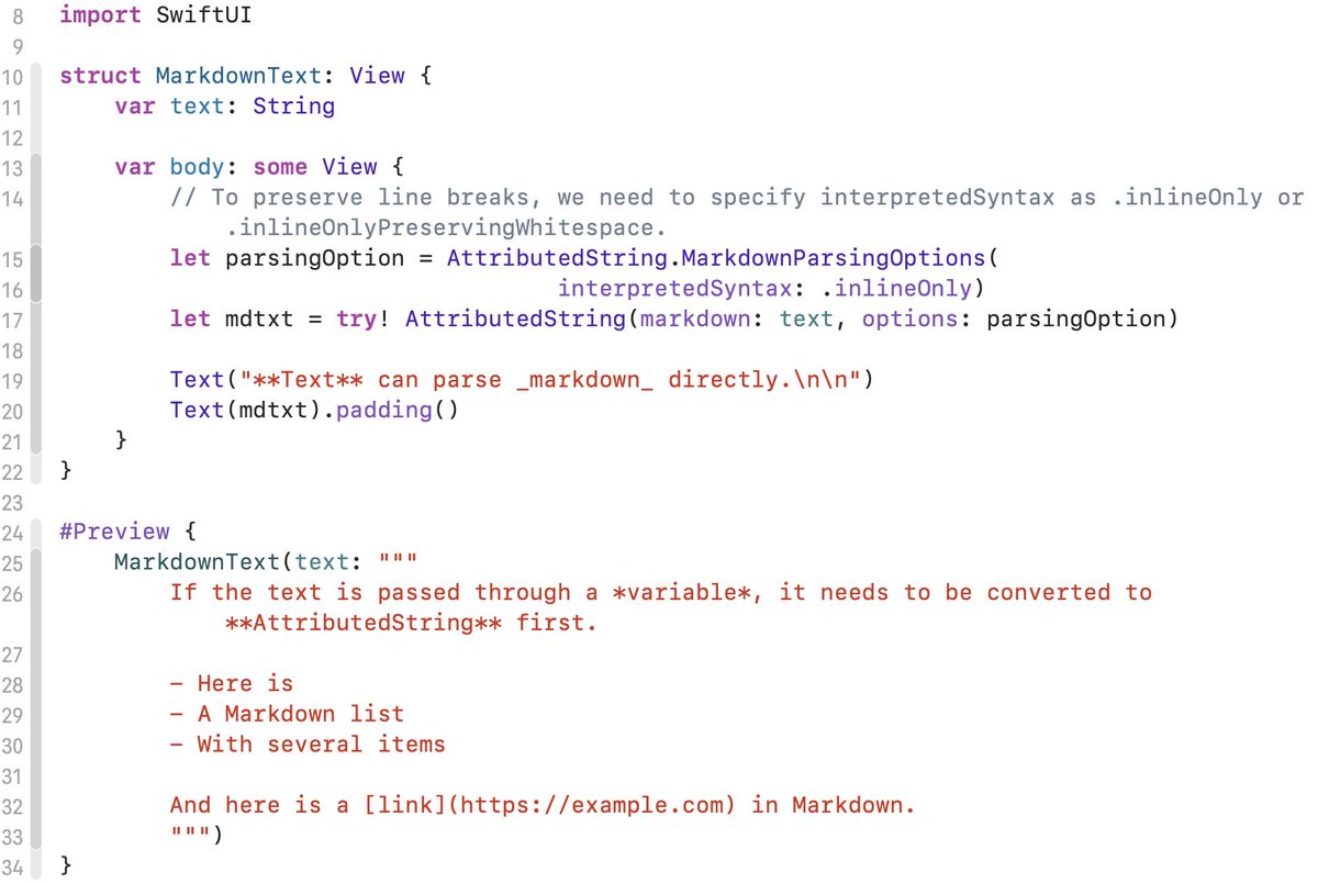 curiosity_notes's tweet image. In #SwiftUI, Text() can parse Markdown text directly. However, if the text is passed through a variable:

- It must first be converted to AttributedString
- Use .inlineOnly or .inlineOnlyPreservingWhitespace for interpretedSyntax to preserve line breaks.