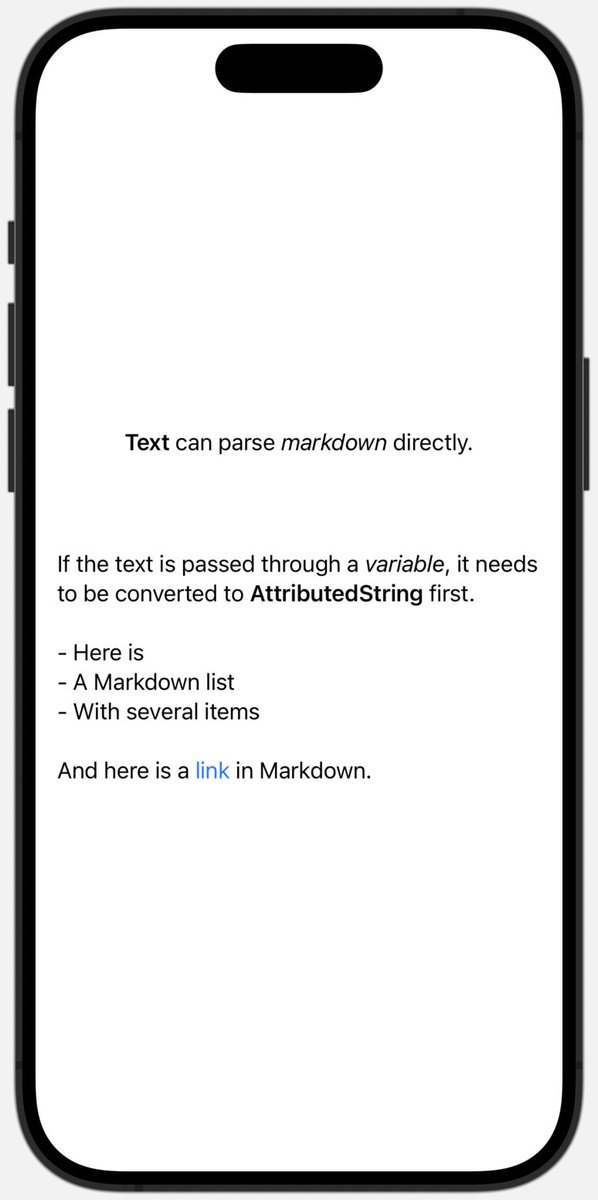 curiosity_notes's tweet image. In #SwiftUI, Text() can parse Markdown text directly. However, if the text is passed through a variable:

- It must first be converted to AttributedString
- Use .inlineOnly or .inlineOnlyPreservingWhitespace for interpretedSyntax to preserve line breaks.