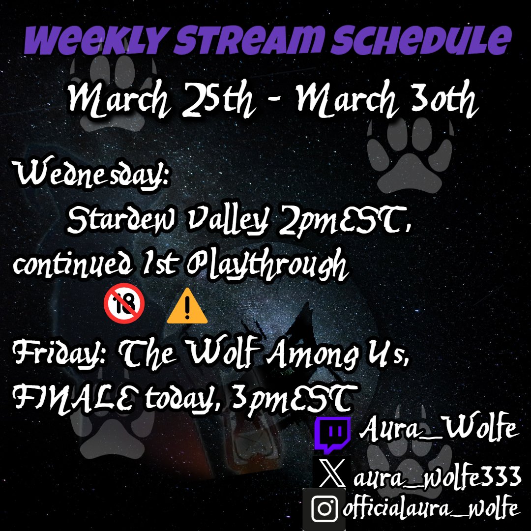 AuraCosmicWolfe's tweet image. Blessings to all! (⌒‐⌒)/*☆♪ Here is this week&apos;s schedule for Twitch streams. Have an amazing week. 
👏 you 👏 deserve 👏 it #StardewValley
#18plus #stronglanguage #schedule #lgbtqiaplus #kind #safespace #Canadian #MentalHealthMatters #HealingJourney #gothic #selflove #420Life