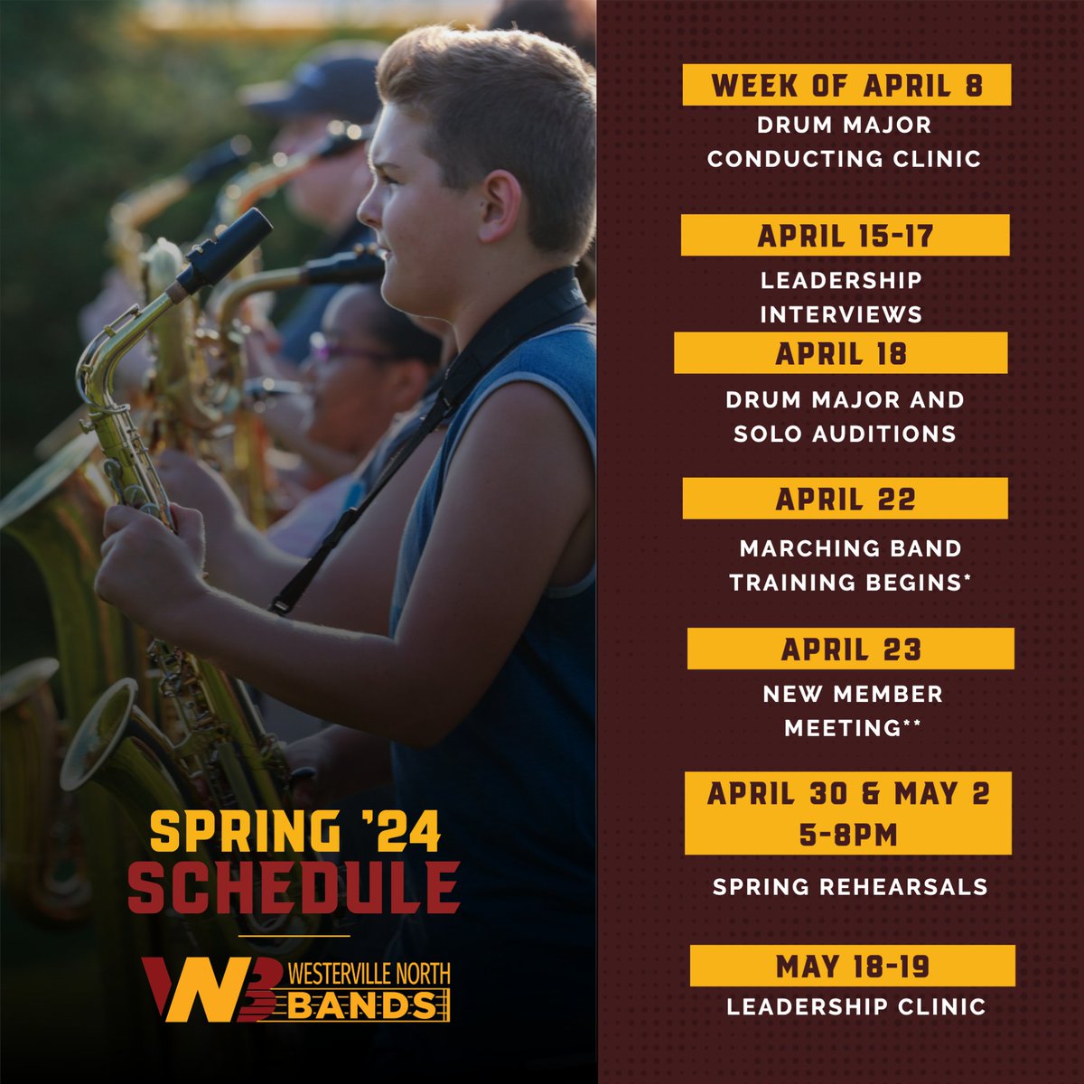 𝘽𝙪𝙞𝙡𝙙𝙞𝙣𝙜 𝙖 𝙜𝙧𝙚𝙖𝙩 𝙨𝙝𝙤𝙬 𝙨𝙩𝙖𝙧𝙩𝙨 𝙬𝙝𝙚𝙣 𝙬𝙚'𝙧𝙚 𝙗𝙖𝙘𝙠 𝙛𝙧𝙤𝙢 𝙗𝙧𝙚𝙖𝙠!
* The band is beginning conditioning 3x/week. 
**Returners should plan to attend to meet incoming members at the New Member Meeting on April 23.