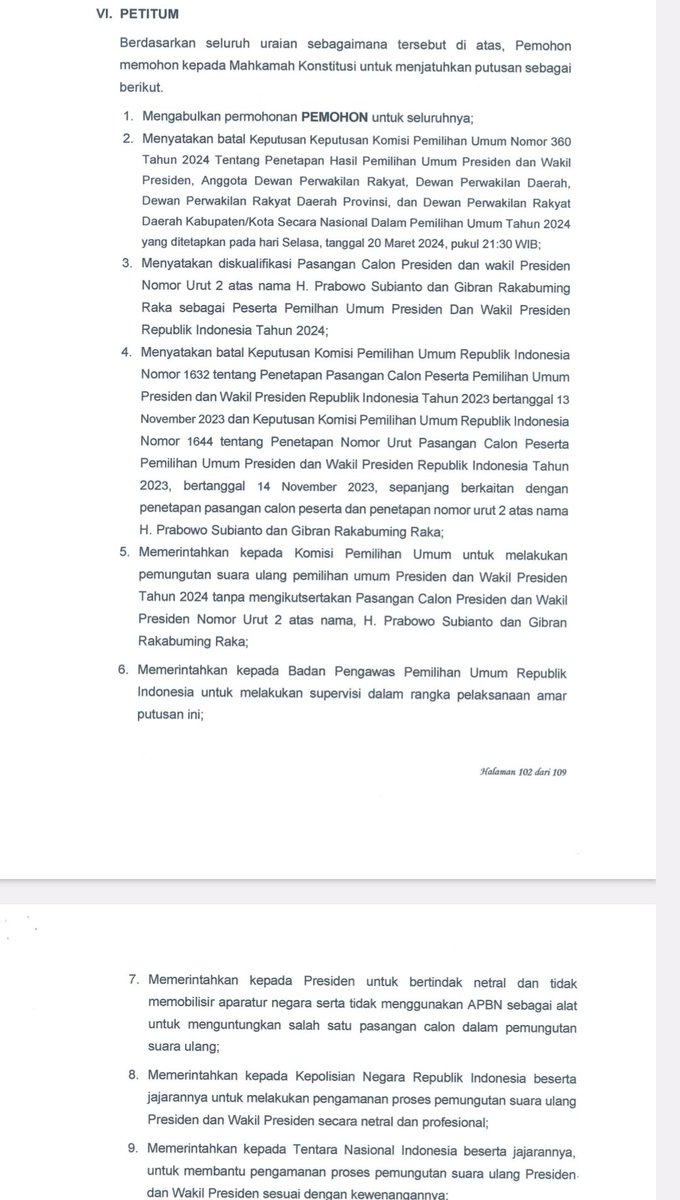Isi Petitum No 1-5 tidak akan di kabulkan MK, secara tidak langsung poin No 6-9 akan gugur.

Silahkan berjuang untuk memberikan  kesenangan sementara untuk pendukung anda 😊👍