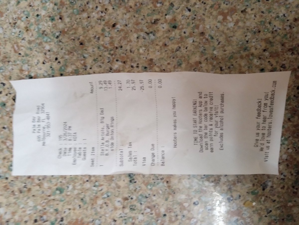 JavySoprano's tweet photo. Disgusting burger  @Hooters, 695 Palm Bay Road, Melbourne FL . Complain about it and the bartender, Kota said the patties are too thin and can't be cooked medium well, never heard that in my life. Gave the burger to a homeless after first bite. https://t.co/yl4vtAdSdw https://t.co/FTCyqfP100