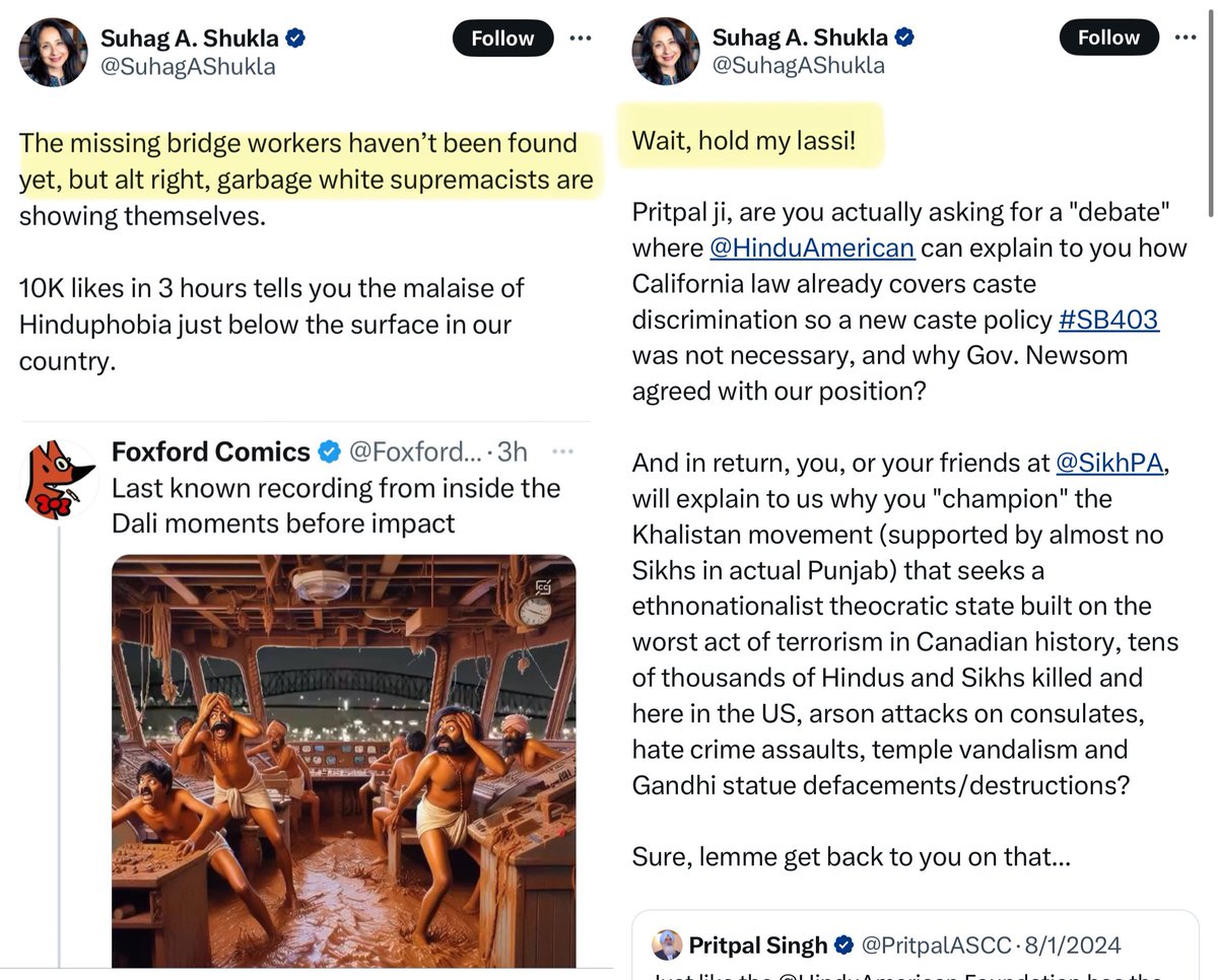 .<a href="/SuhagAShukla/">Suhag A. Shukla</a>, the director of <a href="/HinduAmerican/">Hindu American Foundation</a>, cried foul and called it 'garbage white supremacists' when a twitter handle posted a disrespectful picture of the Indian crew of a ship that collided with a bridge. She even labeled it as 'Hinduphobia'.

The same lady felt immense