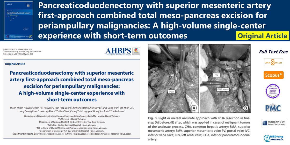 Pancreaticoduodenectomy with superior mesenteric artery first-approach combined total meso-pancreas excision for periampullary malignancies: A high-volume single-center experience with short-term outcomes 🌷doi.org/10.14701/ahbps… 28(1) Thanh Khiem Nguyen #Pancreaticoduodenectomy