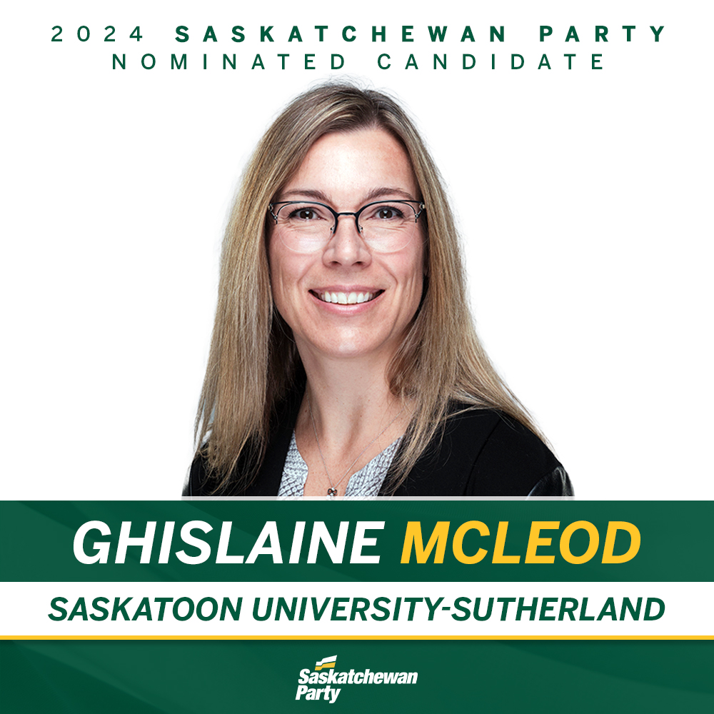 Tonight, Saskatchewan Party members in Saskatoon University-Sutherland nominated Ghislaine McLeod to be their candidate in the 2024 provincial election. Congratulations Ghislaine! saskparty.com/ghislaine_mcle…