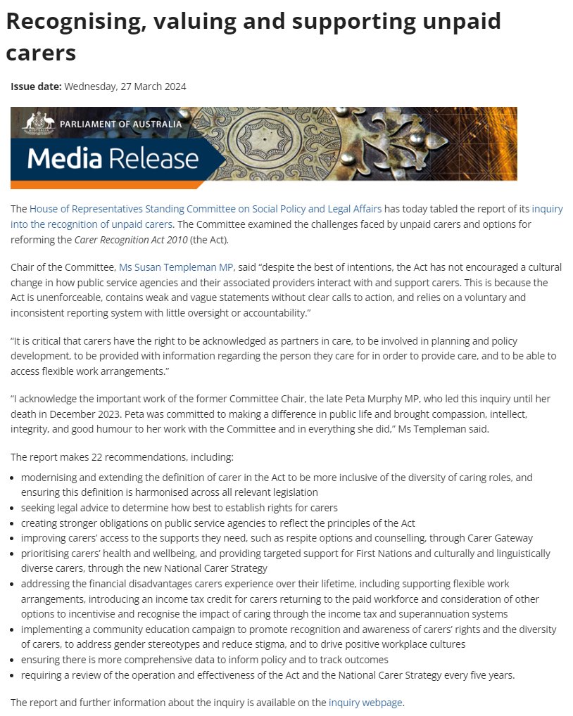 The House of Representatives Standing Committee on Social Policy and Legal Affairs has tabled the report of its inquiry into the recognition of unpaid carers. The report, including its 22 recommendations, and more info about the inquiry can be found at: aph.gov.au/UnpaidCarers.