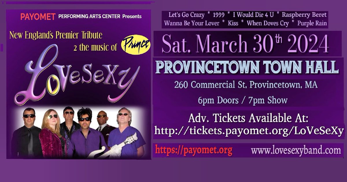 This Sat Night! Cape Cod / Provincetown Prince fans! Still Great Seats Left! Get Your Tickets Now! tickets.payomet.org/LoVeSeXy