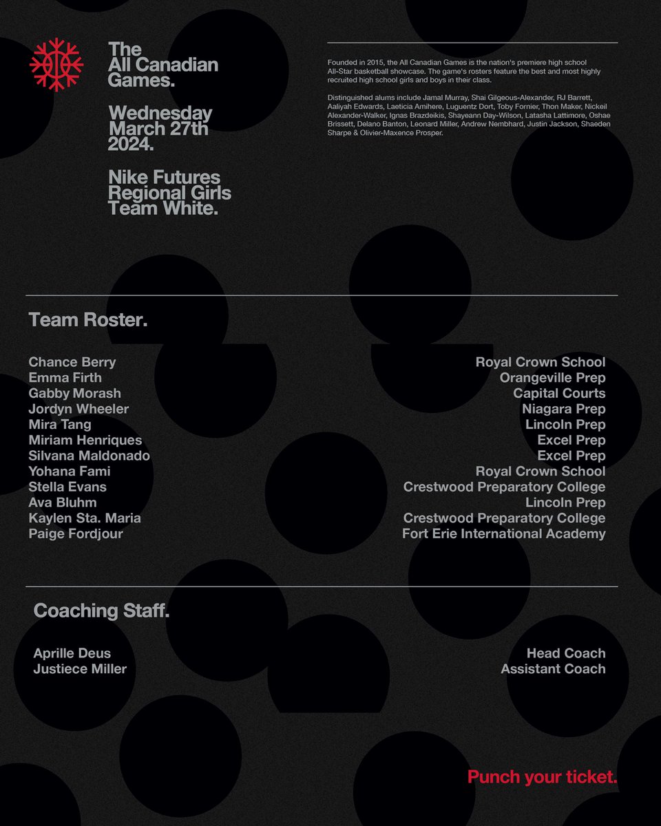 AllCanadianGame's tweet image. Nike Futures Games.
Wednesday March 27th, 2024.
@ Athlete Institute 207321 ON-9 Mono ON
Tickets On Sale Now - Link In Bio.

Team Red &amp;amp; White Rosters &amp;amp; Coaching Staff.

#AllCanadianGames2024
#ACG2024