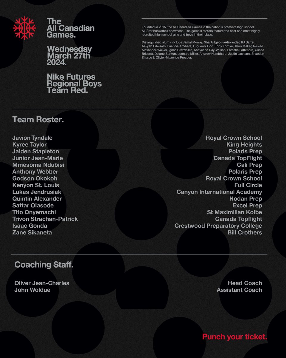 AllCanadianGame's tweet image. Nike Futures Games.
Wednesday March 27th, 2024.
@ Athlete Institute 207321 ON-9 Mono ON
Tickets On Sale Now - Link In Bio.

Team Red &amp;amp; White Rosters &amp;amp; Coaching Staff.

#AllCanadianGames2024
#ACG2024