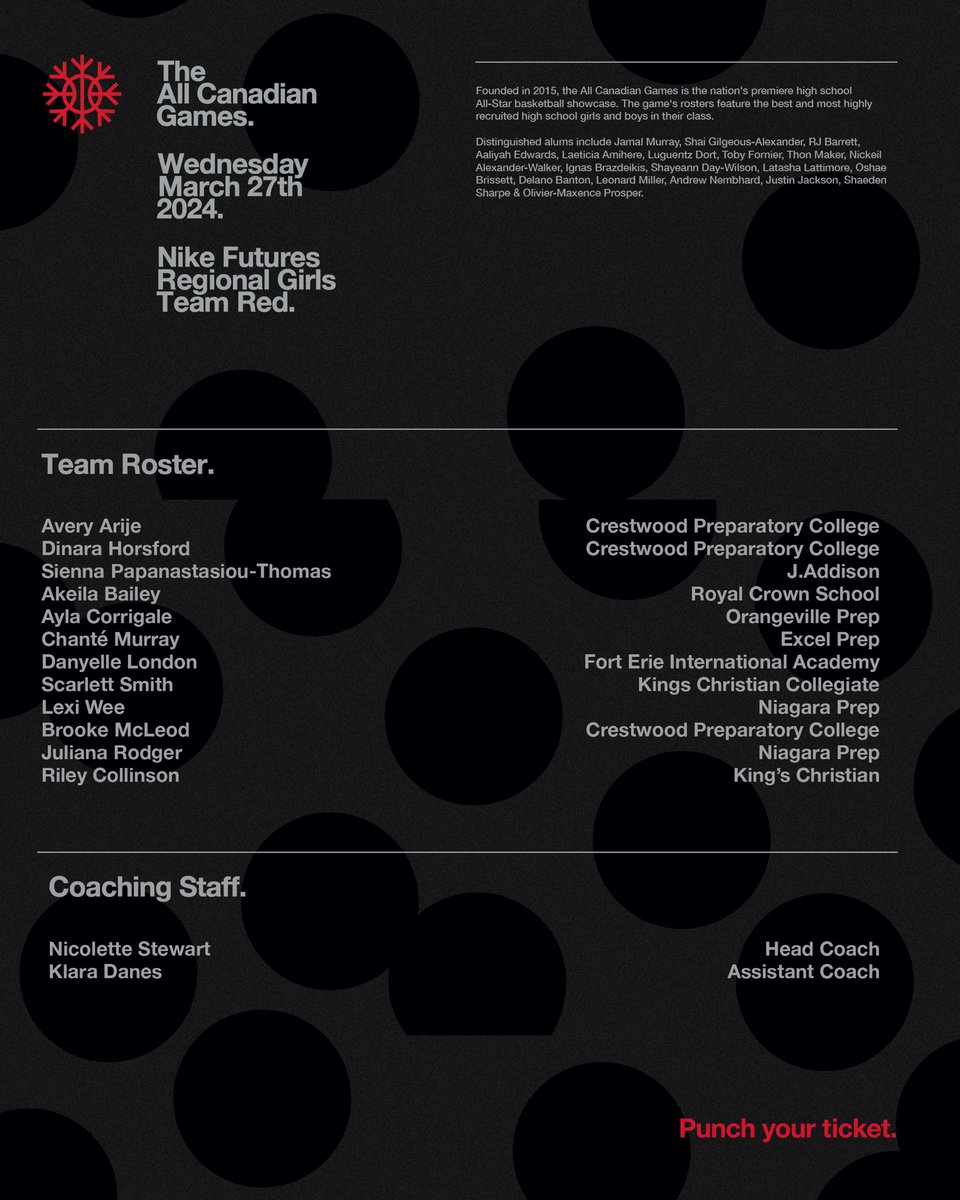 AllCanadianGame's tweet image. Nike Futures Games.
Wednesday March 27th, 2024.
@ Athlete Institute 207321 ON-9 Mono ON
Tickets On Sale Now - Link In Bio.

Team Red &amp;amp; White Rosters &amp;amp; Coaching Staff.

#AllCanadianGames2024
#ACG2024