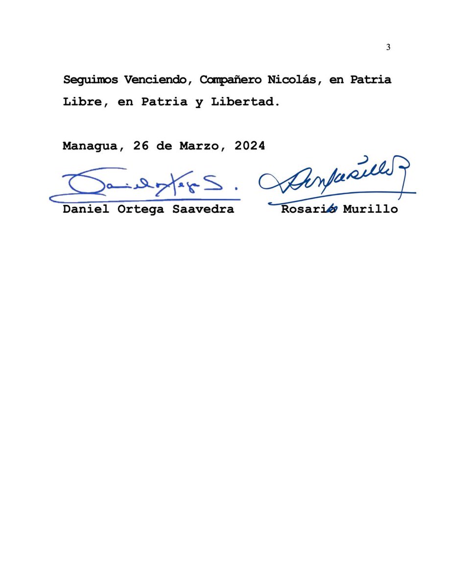 En nombre del presidente <a href="/NicolasMaduro/">Nicolás Maduro</a>, expresamos nuestro agradecimiento a los compañeros Daniel Ortega y Rosario Murillo de Nicaragua por su apoyo y palabras de aliento ante los ataques de la derecha antidemocrática local e internacional. ¡Los venezolanos estamos comprometidos