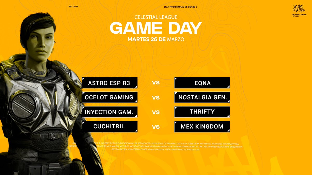 Celestial Victory League (@celestial_vl) on Twitter photo Enfrentamientos Clasificatoria
Jornada 2
Modalidad: Ejecuciรณn
Mapa: Torre de Reloj
Participantes:
EQNA
<a href="/OcelotGeSports/">OcelotGaming</a>
<a href="/NostalgiaGnesis/">๐๐จ๐ฌ๐ญ๐๐ฅ๐ ๐ข๐</a>
<a href="/AstroE_Sports/">Astro Esports</a>
<a href="/InyectionG/">Inyection Gaming</a>
<a href="/MexKingdomESP/">Mex Kingdom</a>
Thrifty
Cuchitril
Twitch: twitch.tv/celestial_victโฆ Enfrentamientos Clasificatoria
Jornada 2
Modalidad: Ejecuciรณn
Mapa: Torre de Reloj
Participantes:
EQNA
<a href="/OcelotGeSports/">OcelotGaming</a>
<a href="/NostalgiaGnesis/">๐๐จ๐ฌ๐ญ๐๐ฅ๐ ๐ข๐</a>
<a href="/AstroE_Sports/">Astro Esports</a>
<a href="/InyectionG/">Inyection Gaming</a>
<a href="/MexKingdomESP/">Mex Kingdom</a>
Thrifty
Cuchitril
Twitch: twitch.tv/celestial_victโฆ